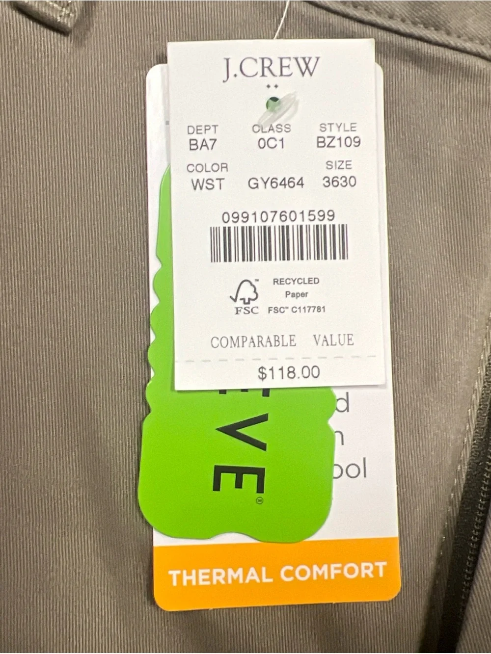 J.Crew Flex Slim Fit Chino Pants TruTemp 365 Mens 36x30 BZ109 NWT $118